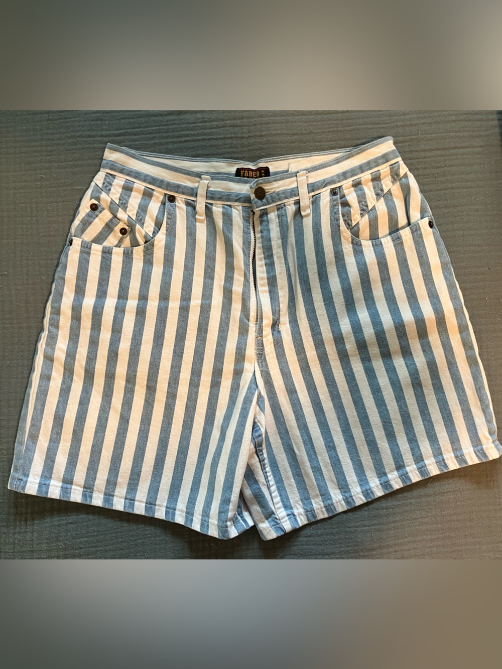Vintage Women’s Faded Glory Striped High-Waist Denim Shorts, size 14